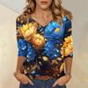 Женские топы, рубашка с рукавом три четверти, свободная повседневная рубашка с V-образным вырезом, футболка с цветочным принтом