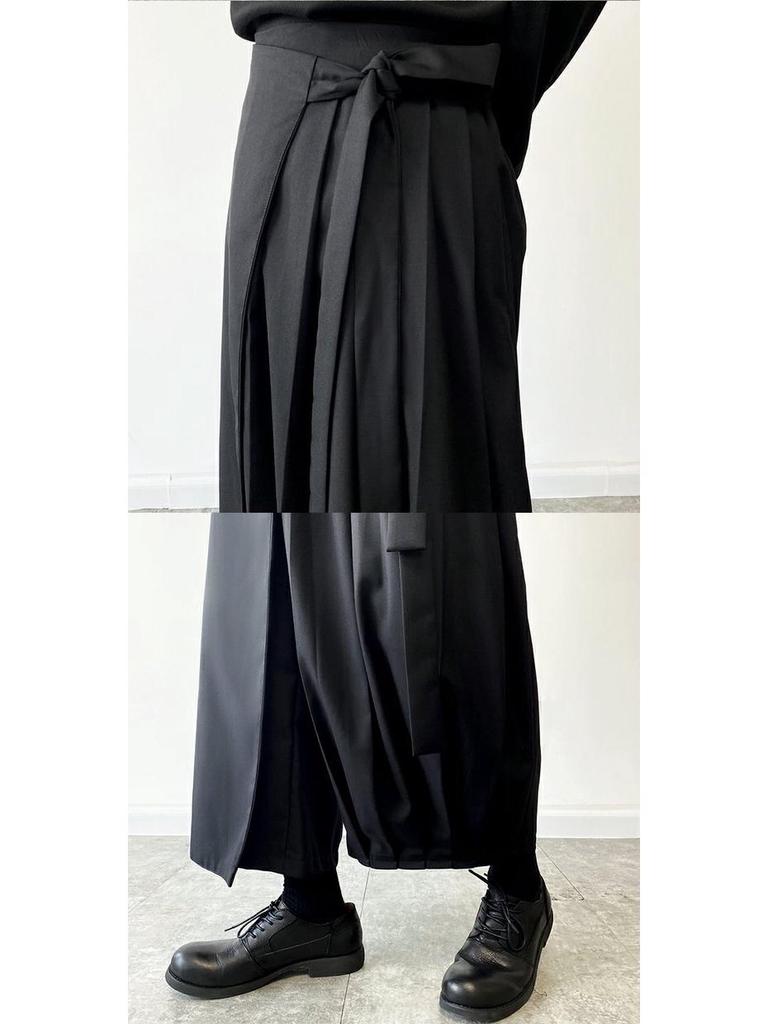 Yamamoto-Style Dark Drape Cropped Pleated Pants Skirt with Straps for Men & Women