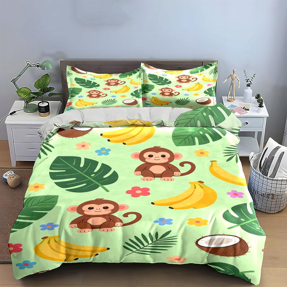 Monkeys, bananas, coconuts, leaves. Bedding sets Duvet cover sets Duvet covers Pillowcases(1 * Duvet Cover 2 * Pillowcases without duvet insert)