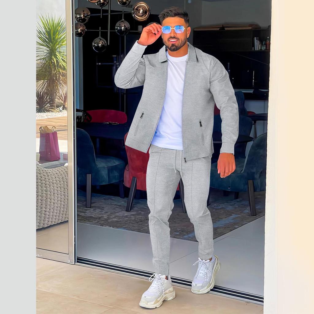 Новый мужской костюм из вафельной куртки и брюк - европейский и американский повседневный универсальный стиль