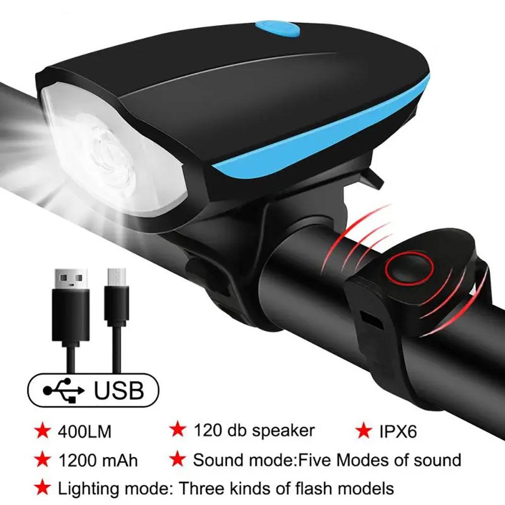 USB Rechargeable Bike Headlight with Horn Waterproof LED Front Light for Mountain Road Bicycle Night Riding Safety