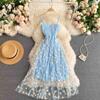 Fashion Daisy Flower Print Mesh Party Dress Women Summer Elegant Spaghetti Strap Vacation Midi Dress Vinatge Beach Clothes New