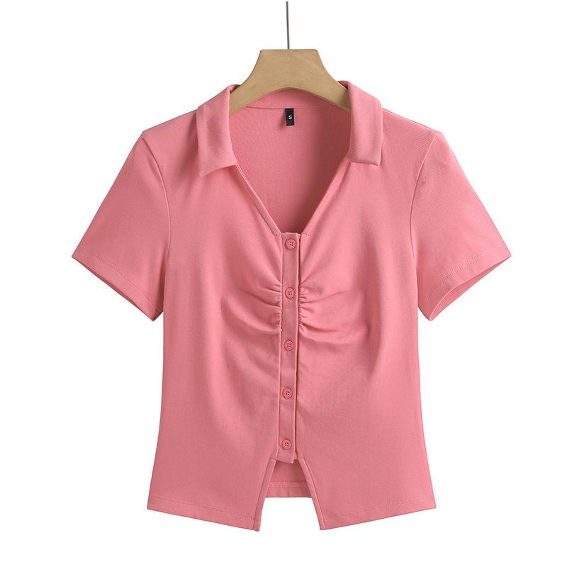 Lapel Button Pleated Cardigan Sweet Casual High-end Short-sleeved Women's T-shirt Korean Style Slim Stretch Cotton Top