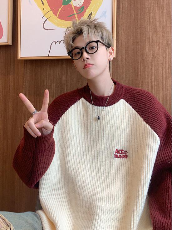 Мужской свитер свободного покроя из толстой европейской пряжи - японский ретро, рукав реглан, зимний студенческий стиль