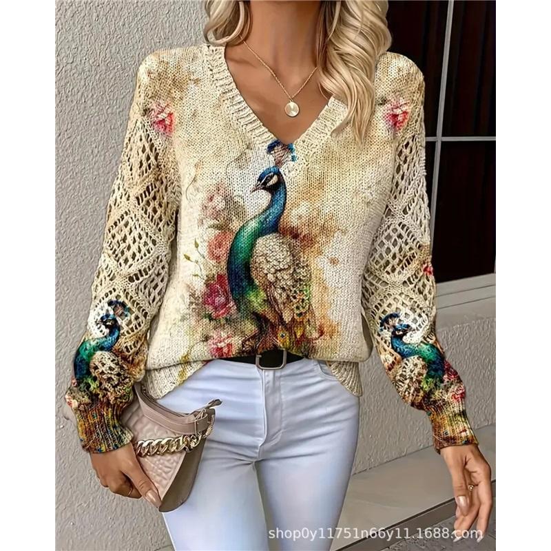 Women V Neck Knit Sweater Romantic Blossom Floral Print Hollow Out Loose Long Sleeve Pullover Autumn Winter Casual Top