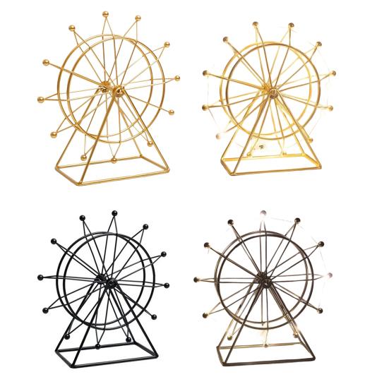 Sky Wheel Ornament with LED Light Rotatable Iron Wire Ferris Wheel Model Metal Figurine Home Office Desktop Decoration