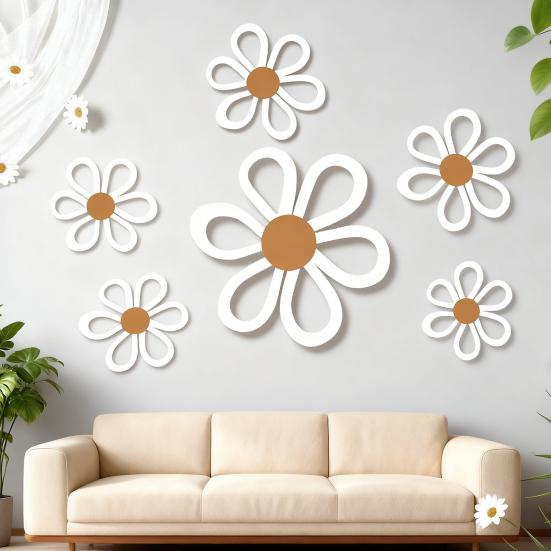 6Pcs/Set Bohemia Flower Wall Hanging Ornament Decoration Farmhouse Rustic Wooden Floral Wall Art Home Office Living Room Bedroom Wall Decoration