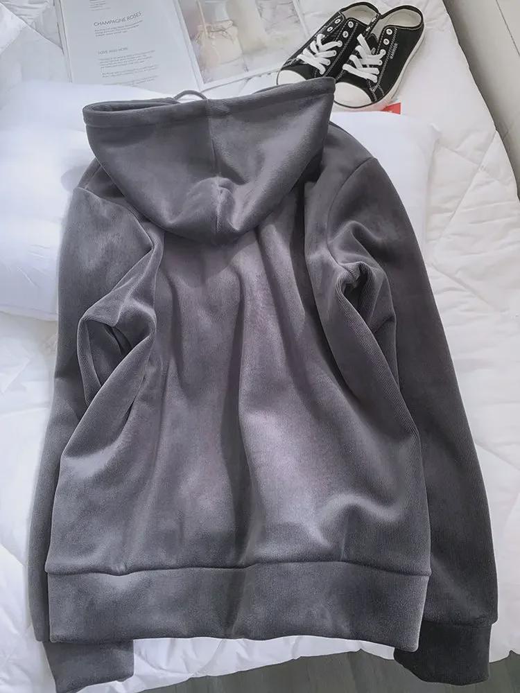 Женская плюшевая утолщенная розовая толстовка с капюшоном - повседневная куртка с длинными рукавами в корейском стиле на молнии для осени и зимы