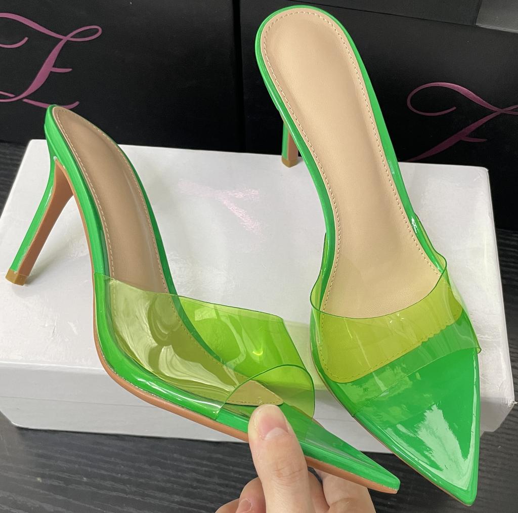 Transparent high-heeled cool slippers for women in the summer of 2025, new fashion, thin heels, pointed heads, sexy open toes, and one-word drag for o