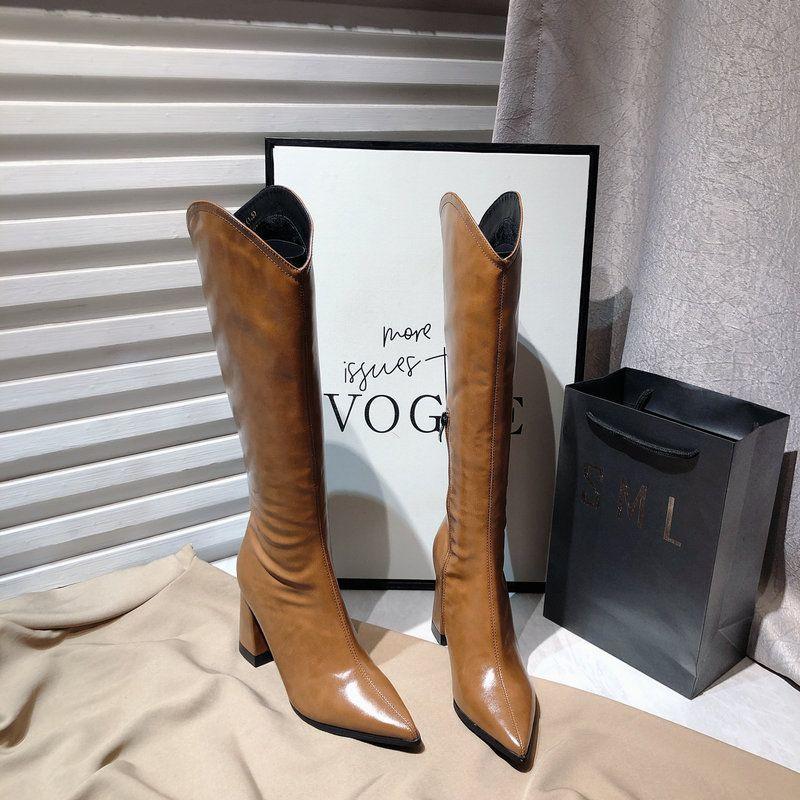 Сапоги выше колена для женщин, осенние и зимние стили, остроносые, с острым носком и толстым каблуком, узкие сапоги «Челси» с V-образным вырезом