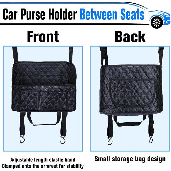 Car Purse Holder Between Seats, Leather Auto Front Seat Handbag Organizer Pocket, Large Capacity Car Net Pocket Handbag Holder, Backseat Barrier