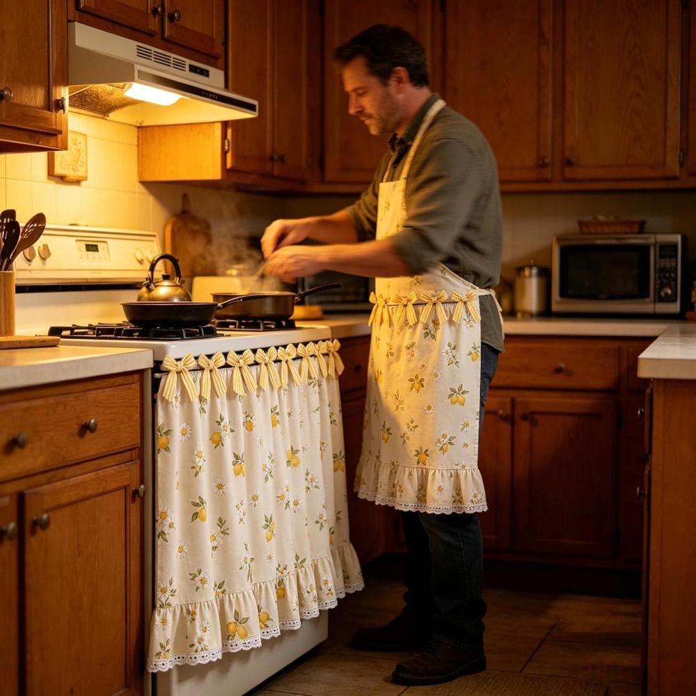 Cotton Blend Stove Cover Skirt Charming Farmhouse Stove Skirt Rustic Oven Curtain  Kitchen Decor