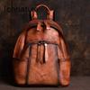 Handmade Genuine Leather Retro Solid Bag Zipper Soft Handle Leisure Women Backpack Large Capacity Travel Bags