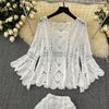 Dimanaf New 2025  Skirt Suit Women Knitting Beach Short Sleeve Lace Hollow Out Sexy O-Neck Hollow Summer Style Tops Tees Loose Basic