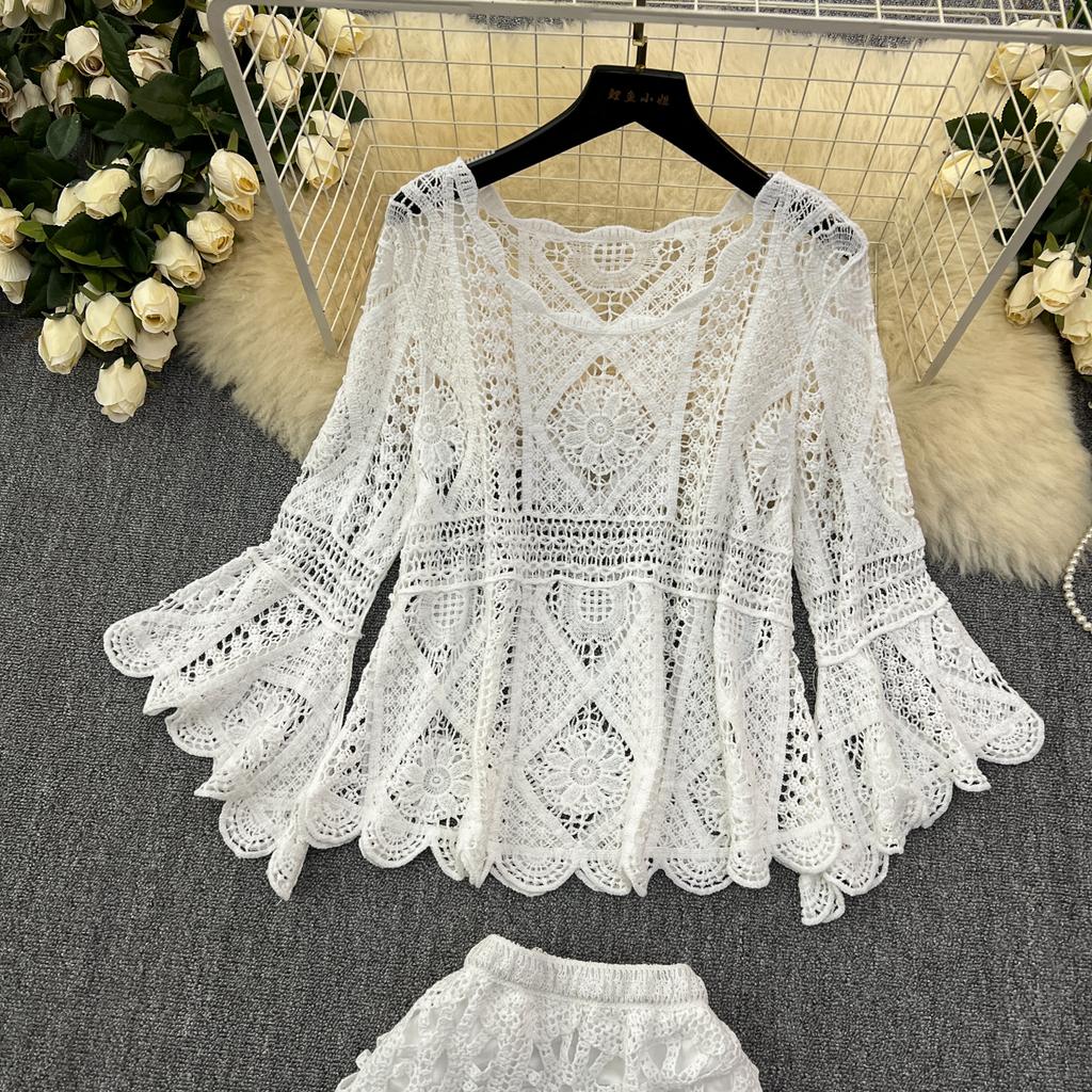 Dimanaf New 2025 Skirt Suit Women Knitting Beach Short Sleeve Lace Hollow Out Sexy O-Neck Hollow Summer Style Tops Tees Loose Basic