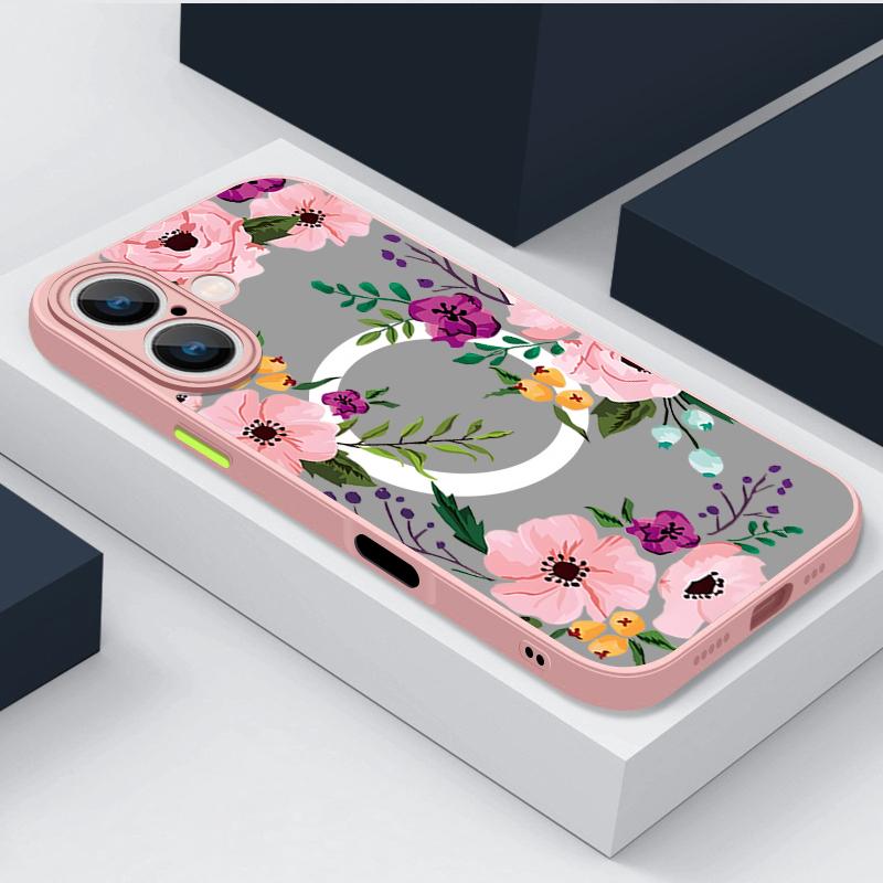 Colorful Flower Magnetic Case For iPhone 16 15 14 Pro Max 13 12 Pro 11 For Magsafe Wireless Charge Soft Edge Acrylic Phone Cover