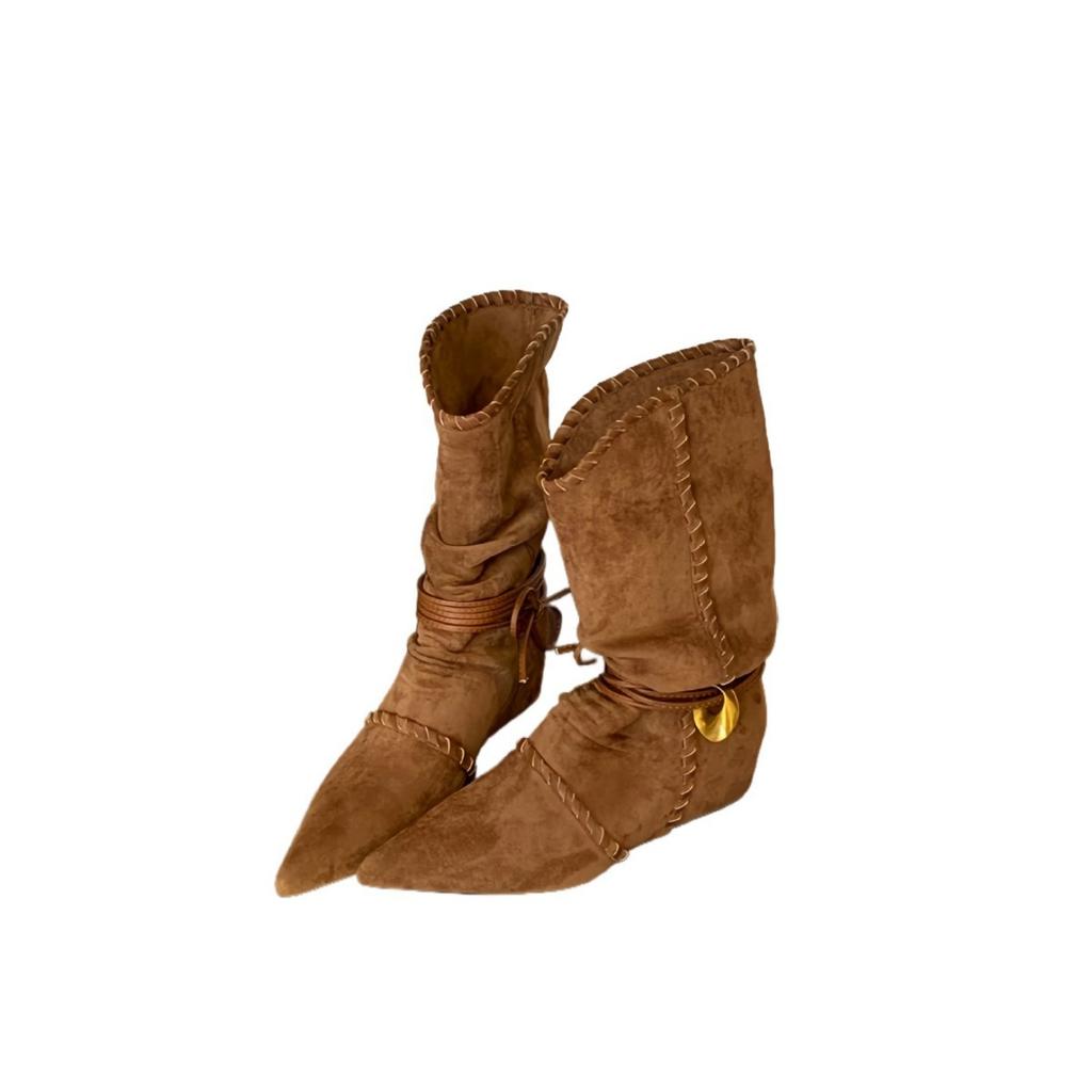 Retro Inner Height Increase Pointed Thin Medium Tube Knight Boots Women's 2025 New Lazy Wind Western Cowboy Pile Boots