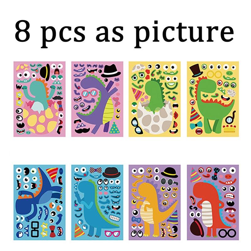8 листов игры-головоломки, детские наклейки, забавные наклейки «сделай сам», «Сделай лицо», динозавр, животные, монстры, мультяшная наклейка, развивающие игрушки