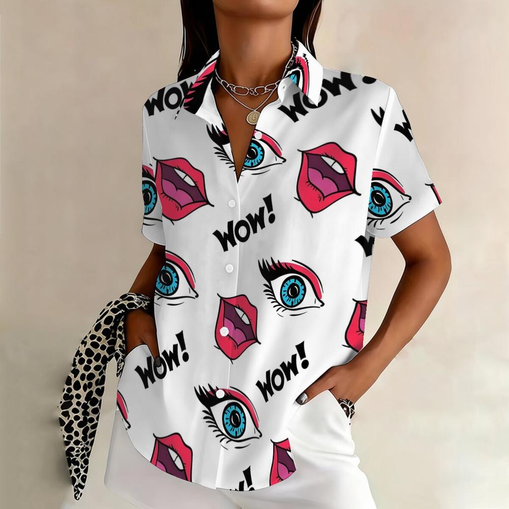 Summer women's plus size loose casual mouth print short-sleeved shirt sexy style fashion print