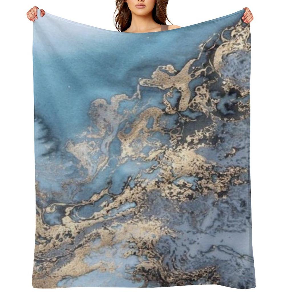 Синий и Золотой Мраморный Плед для Диванов Мягкий Плюшевый Клетчатый Теплый Мягкий Плед