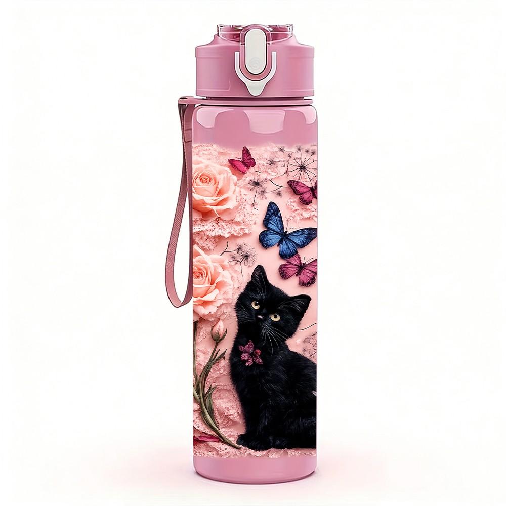 1PC Black Cat Rose Pink Floral Frame Print 750ml Color Plastic Sports Water Bottle Leakproof Flip Straw Lid Suitable for Sports Office Home Use