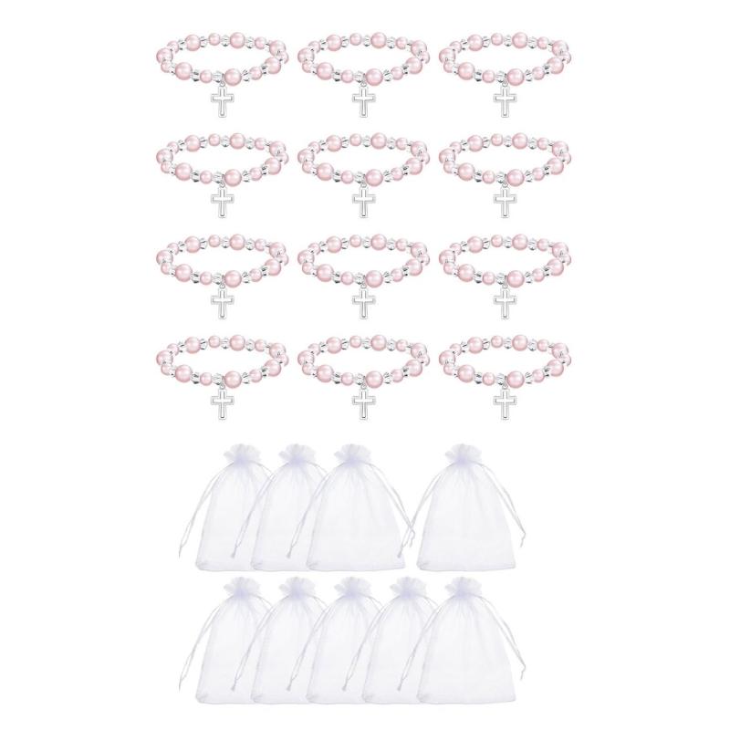 12PCS Delicate Hollow Crucifix Pearls Beads Bracelets Accessories Religious Celebration Gift Set For Guests Event