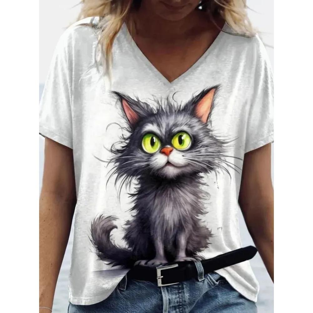 Футболка с V-образным вырезом и короткими рукавами, модная женская футболка, принт с кошкой, летняя одежда оверсайз, женская футболка