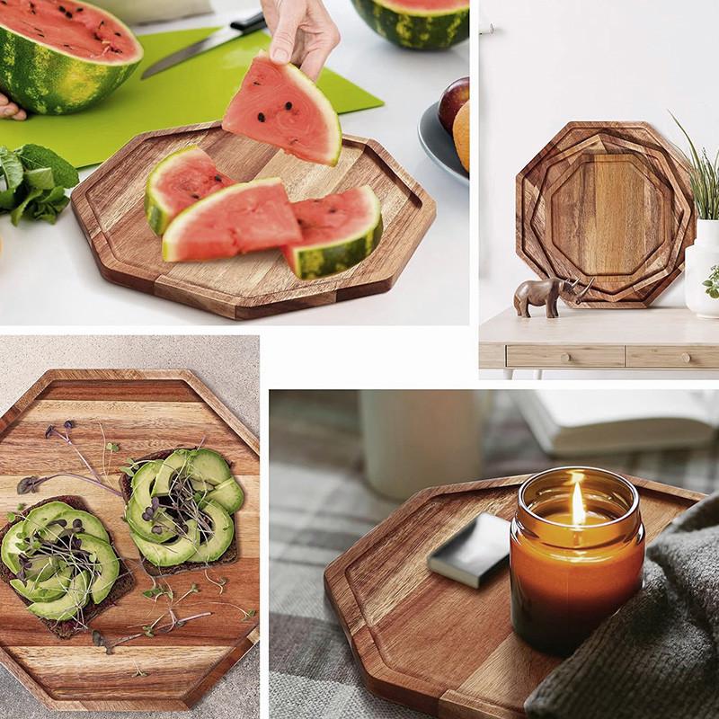 Подносы из акации, сервировочные тарелки, восьмиугольный сервировочный поднос, разделочная доска для фруктового салата, сырная тарелка, подставка для тарелок