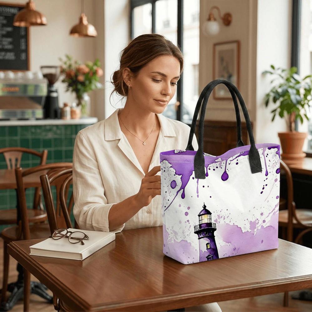 Purple Lighthouse Print Tote Bag Stylish Casual Canvas Shoulder Bag for Daily Use