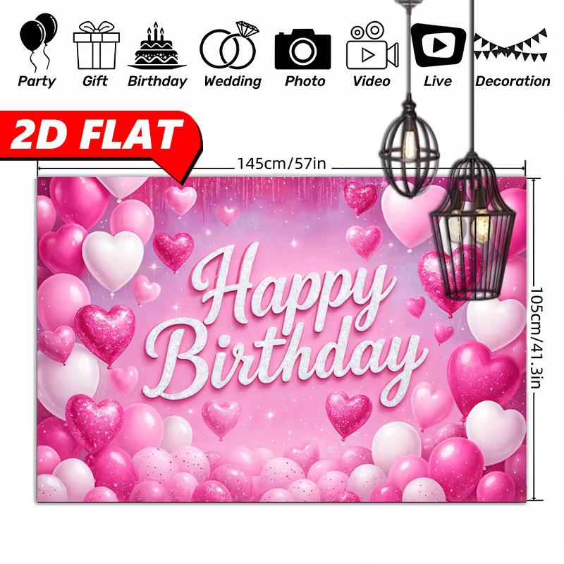 2D Pink Happy Birthday Backdrop, Glitter Heart & Balloon Photography Background