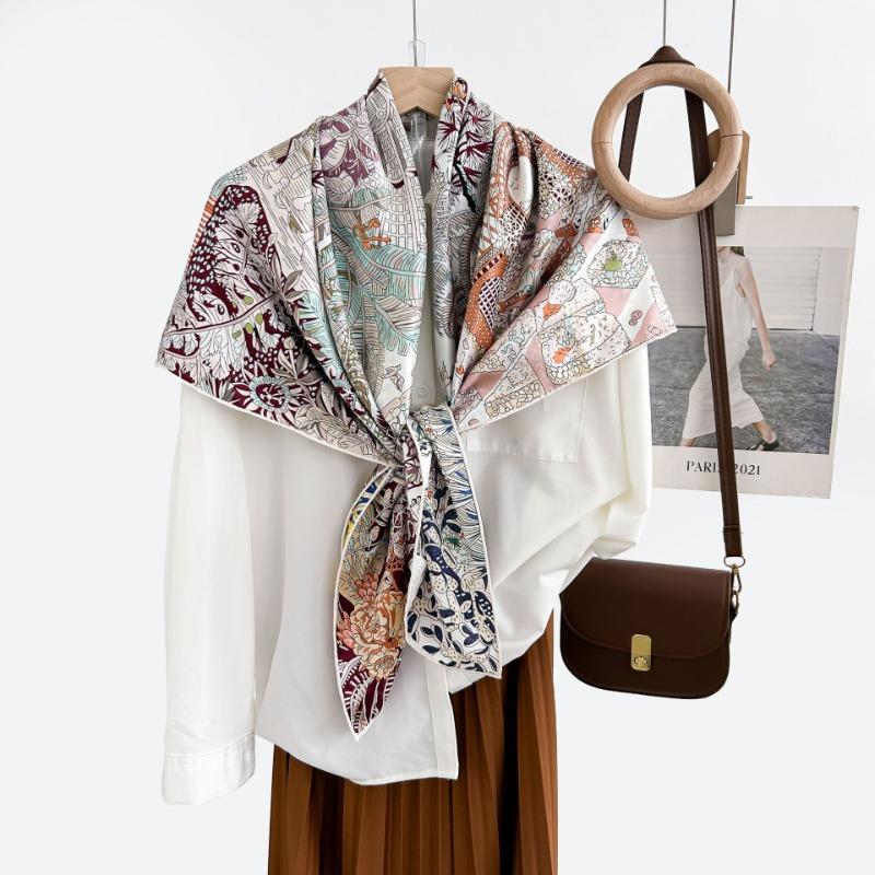 Spring and Autumn New Silk Flower Dill Large Silk Scarf Women's High Sense 100 Mulberry Silk Square Scarf Light Luxury Versatile Silk Shawl