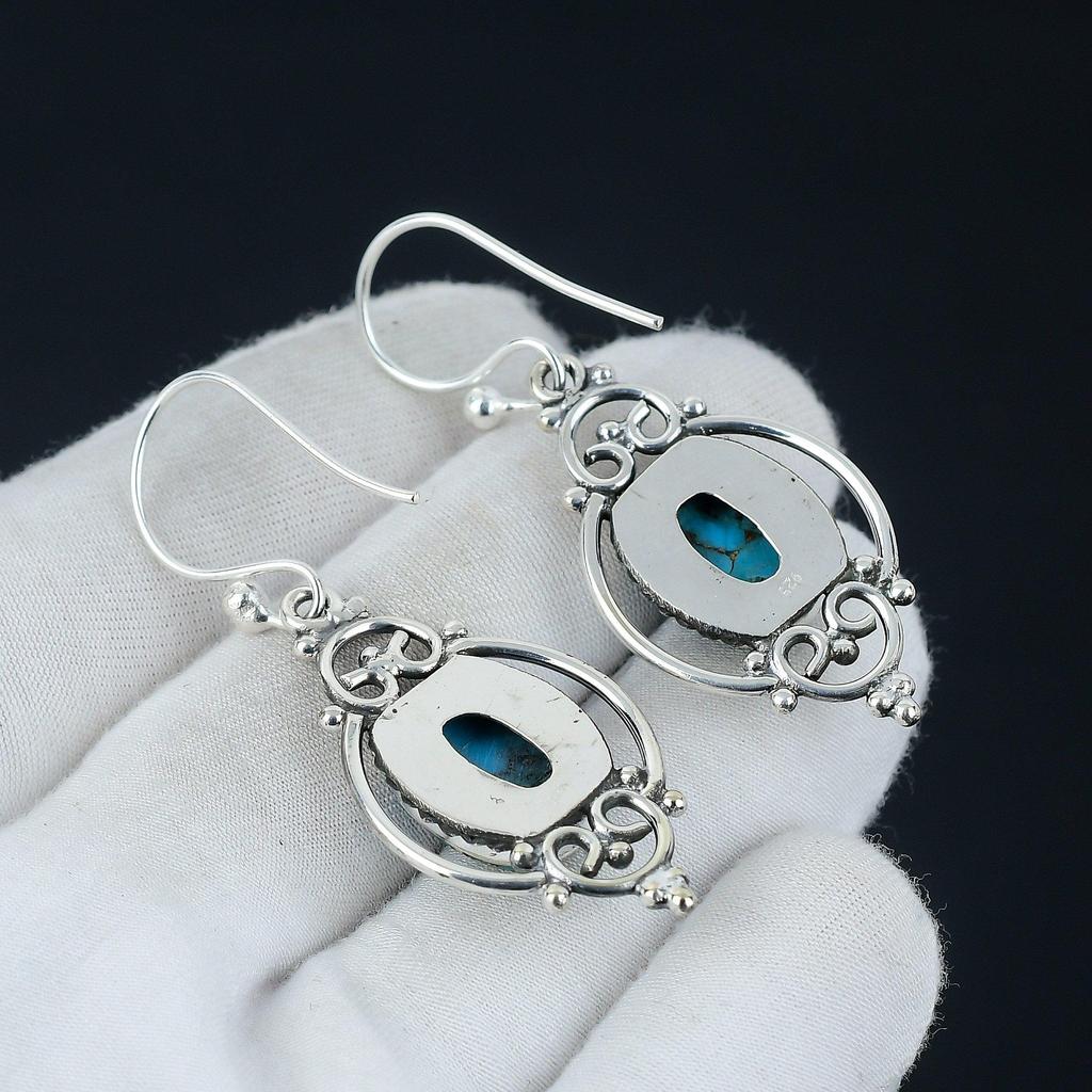 Серьги с синей медью и бирюзой, серебряные серьги с бирюзой, серьги с овальным камнем, серьги из стерлингового серебра 925 пробы, серьги с драгоценными камнями, серьги с подвесками