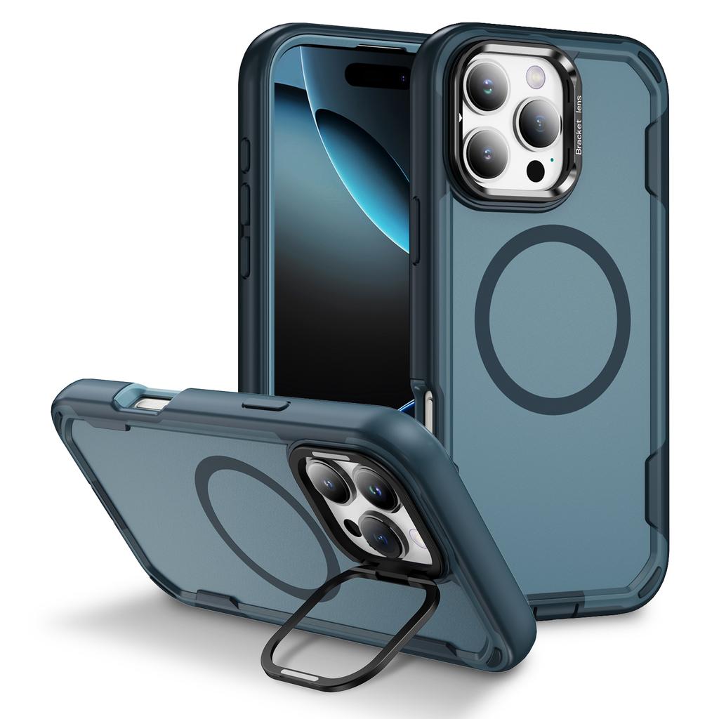 For iPhone 16 Pro Case Compatible with MagSafe Lens Frame Kickstand TPU+PC Shockproof Phone Cover