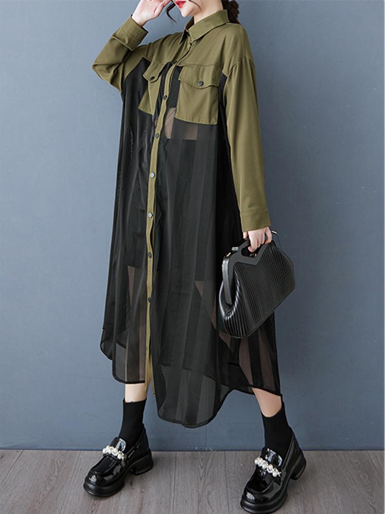 Xitao Однобортное платье с длинными рукавами и сетчатым узором в стиле пэчворк GYX1567