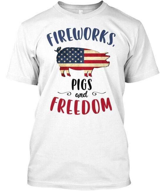 Pig- Fireworks Pigs And Freedom T-Shirt Made in the USA Size S to 5XL