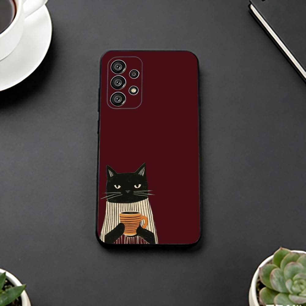 Чехол для телефона "Ленивый кот с кофе" Черный силикон Мягкий Для Samsung S25,S24,S21,S22,S23,S30,Ultra,S20,Plus,Fe,Lite