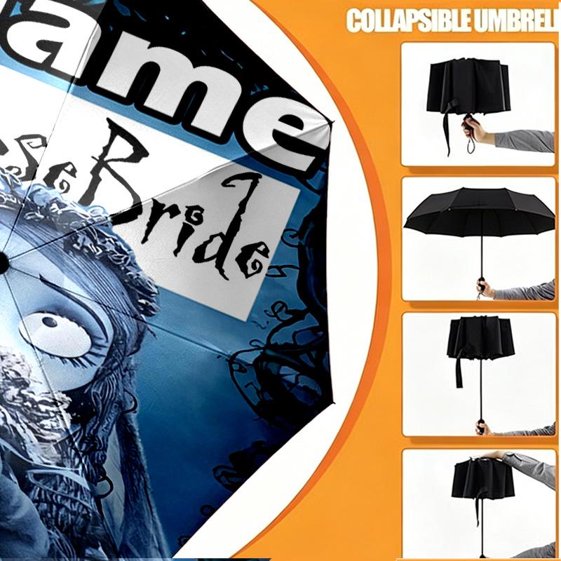 Custom Name Personalized Corpse Bride Print Umbrella, Auto Open Close, 8‑Rib Sturdy Frame, Commute Camping Hiking Use, Birthday Gift