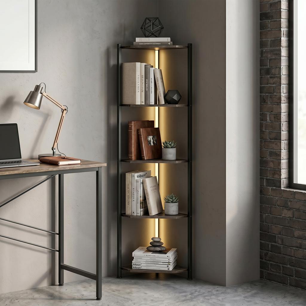 Bookshelf 5-Tier Corner Shelf with LED Lighting for Living Room, Bedroom, Office, Rustic Brown