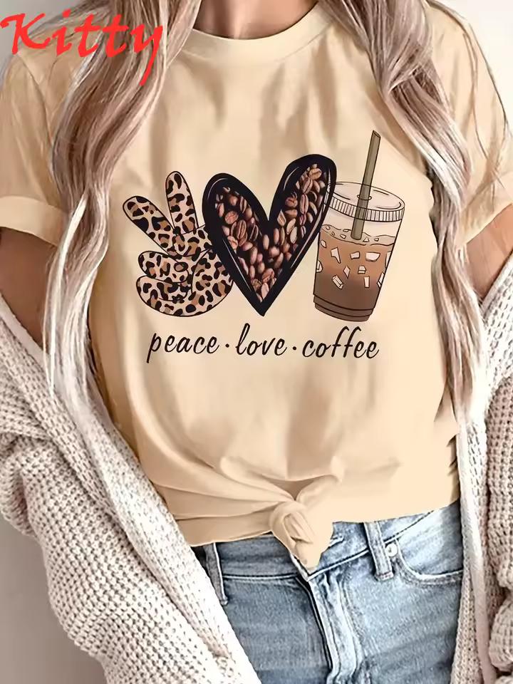 Peace Love Coffee Graphic Print Casual Short Sleeve Women T-Shirt with Leopard Heart Iced Coffee Design O-Neck Women's Clothing