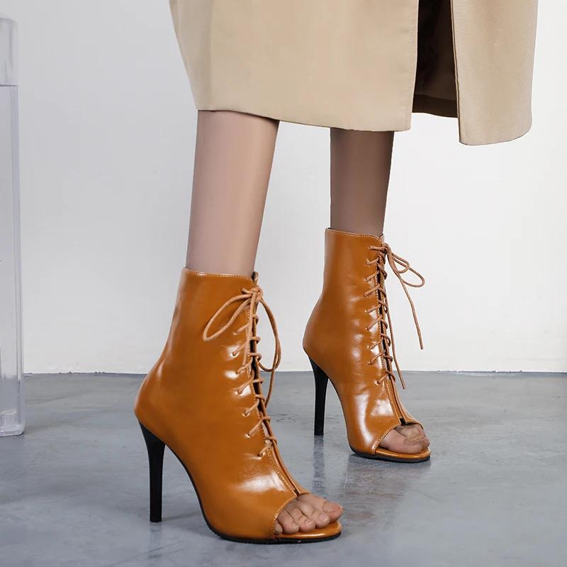 Мода Женская Мода Летние Сапоги Открытый Носок высокий каблук Сандалии Гладиатор На шнуровке Повседневные 10СМ Шпилька Вечеринка Ботильоны 32-43 Черный