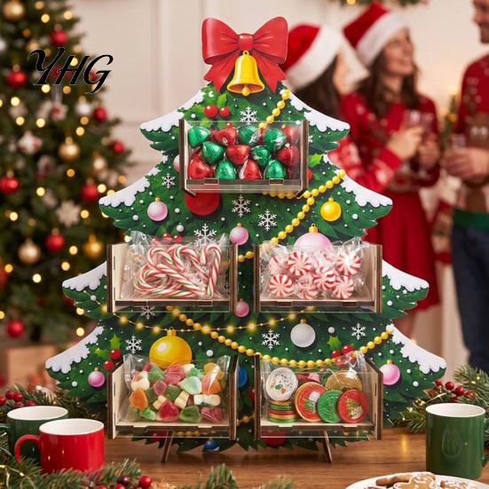 Clear Drawer Storage for Sweets Christmas Tree Wooden Candy Display Stand, Acrylic Organizer Tiered Holiday Treat Holder Party Dessert Table, Holder