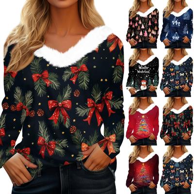 Женская футболка, модная, повседневная, с длинным рукавом, с принтом, флисовым воротником, с V-образным вырезом