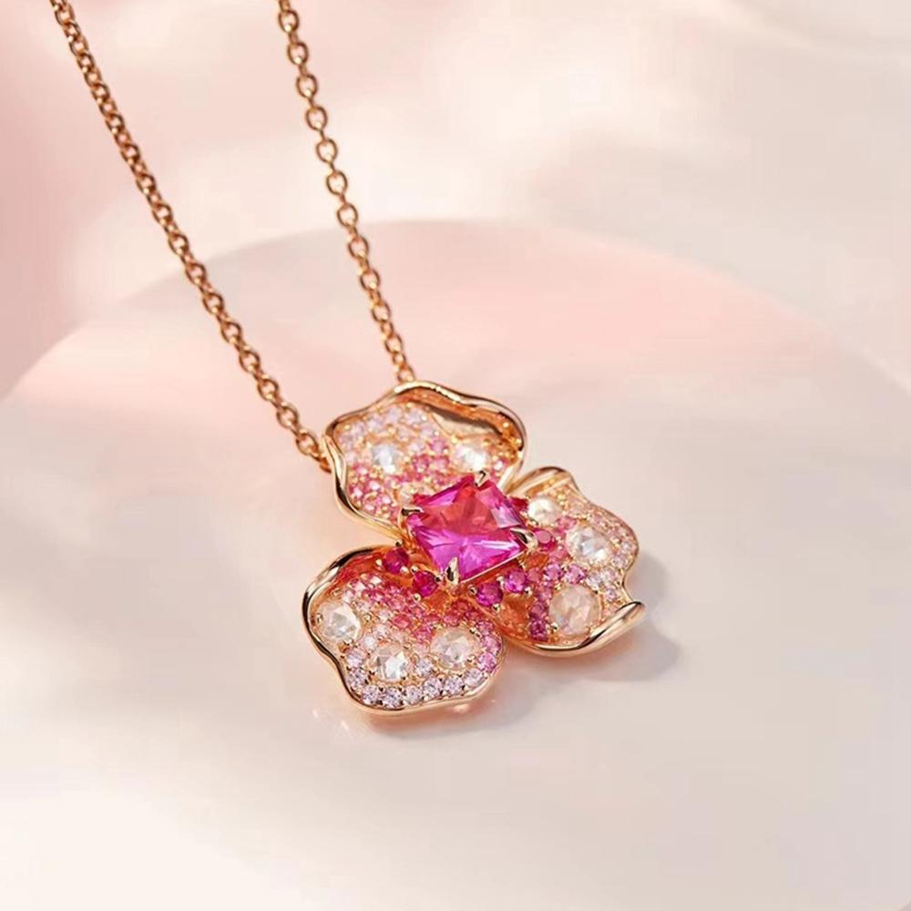 WUIHA 18K Gold Plated 925 Sterling Silver Ruby High Carbon Diamond Gems Flower Pendant Necklaces Fine Jewelry Anniversary Gifts