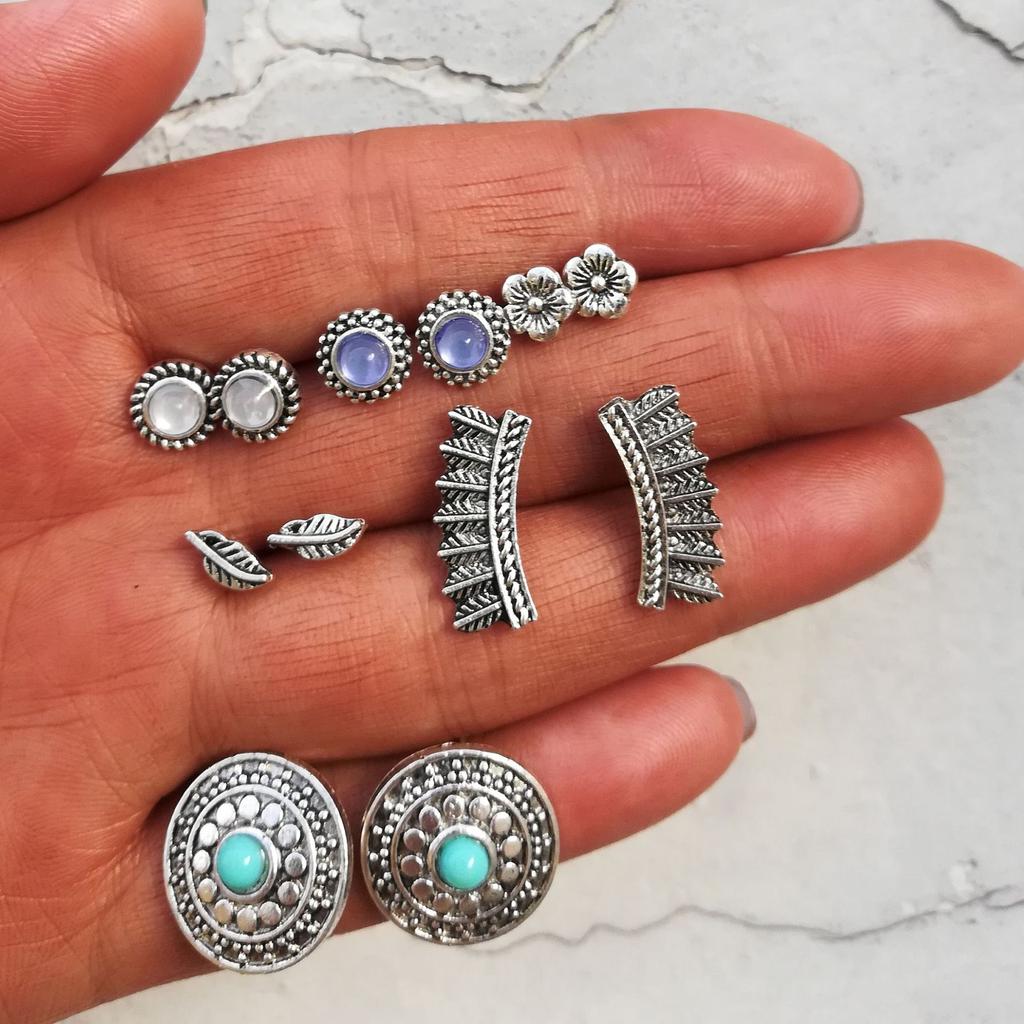 GADBLESJEW 9 Pairs/set Moon Stars Heart Lightning Bijoux Crystal Stud EarringS