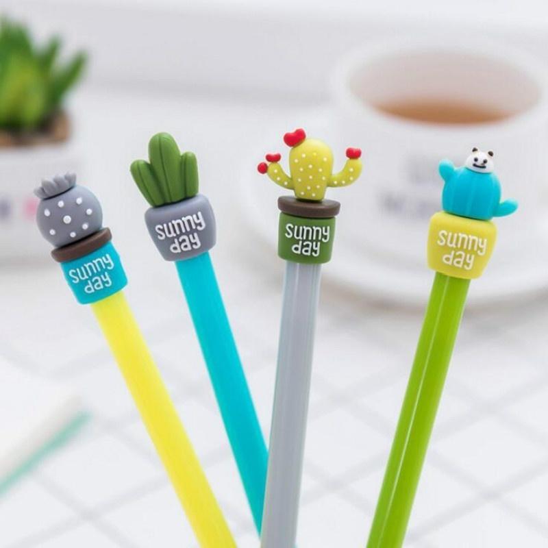 4 Pcs Cartoon Cactus Neutral Pen Creative Silicone Cartoon Head Signature Student Writing Pen Korean Stationery Random