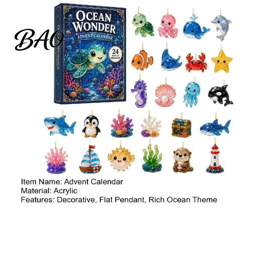 Ocean Advent Calendar Calendars 2026, Marine Themed 24 Days Christmas Countdown Calendar, Gift Box 2D Acrylic Sea Animal Ornament for Lovers,