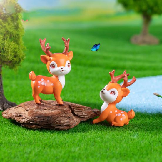 2 Pcs Mini Sika Deer Figurines Hand-colored Deer Miniatures Mini Animal Statues for Fairy Gardens Bonsai Micro Landscape
