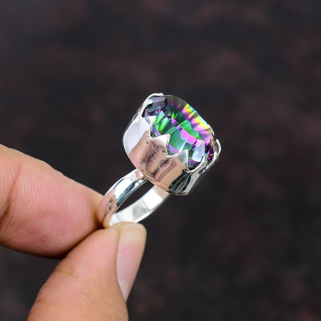Кольцо с радужным мистическим топазом, кольцо из настоящего драгоценного камня, кольцо из стерлингового серебра 925 пробы, регулируемое кольцо, ювелирные изделия в этническом стиле, кольцо ручной работы, подарок для матери