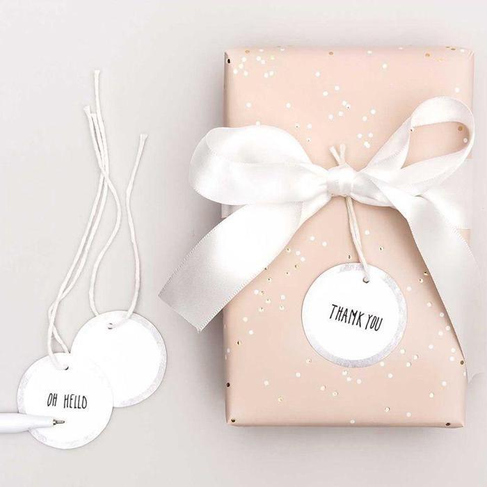 24 Round White Hang Tags with Silver Outline
