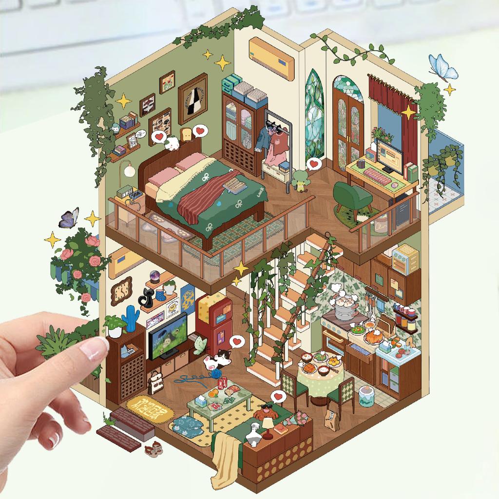 Cartoon Landscape Stickers Multiple Miniature World 3D Hut Unzip DIY Scene Manual Post